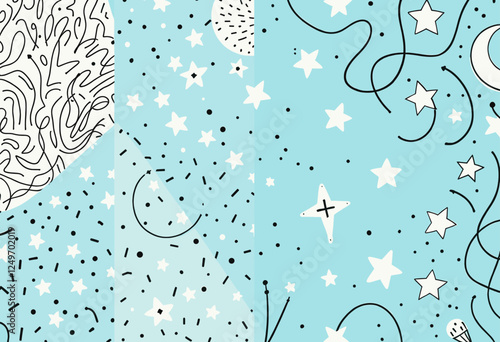 A light blue background with white stars and a crescent moon, along with black lines and dots scattered throughout. Vector patterns, random pattern