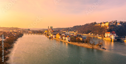 BEautiful city of Passau, Bavaria, Germany, at sunset in winter