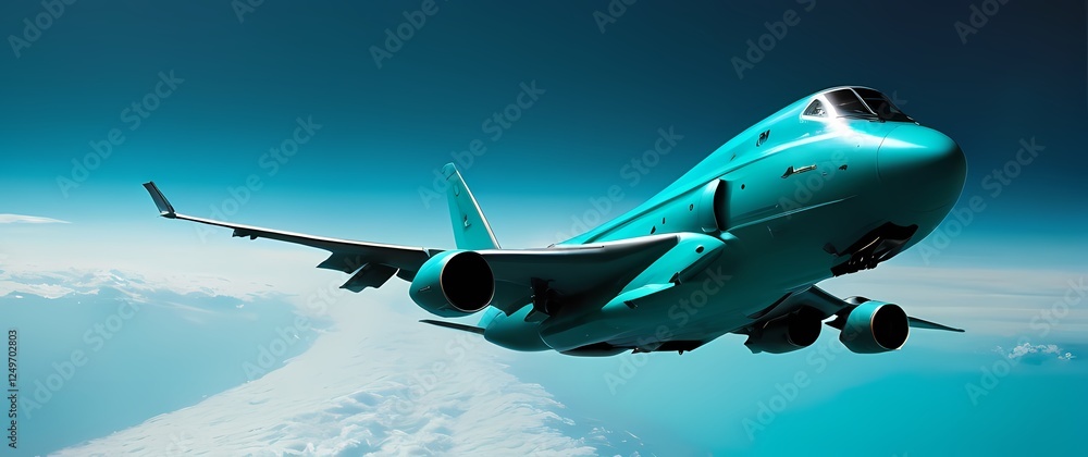 Naklejka premium A powerful military jet meticulously escorting a grand jumbo jet soaring through a turquoise sky symbolizing strength and protection