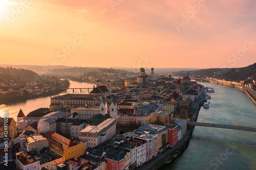 BEautiful city of Passau, Bavaria, Germany, at sunset in winter