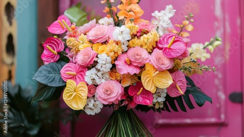 Vibrant floral bouquet, pink door background, wedding event photo