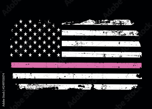 Grunge USA Flag Thin Pink Line Design, Breast Cancer Awareness Support Flag.