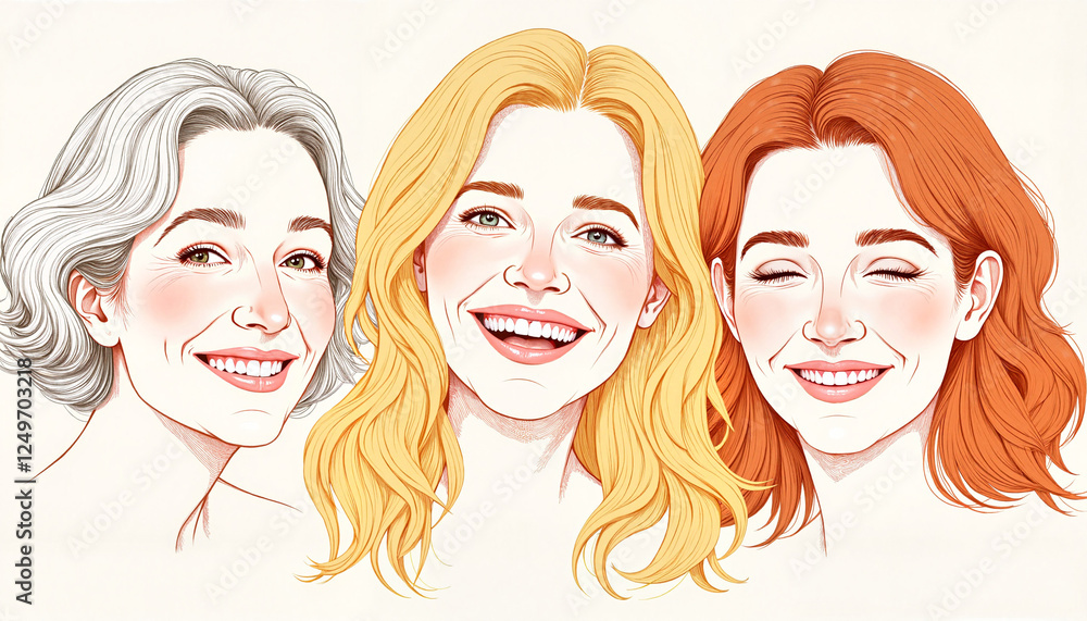 Smiling women with different hair colors on a light background Smiling women with different hair colors on a light background