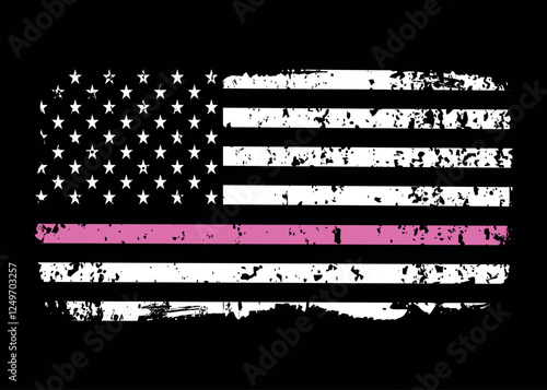 Distressed Thin Pink Line Flag. Breast Cancer Awareness Support Flag