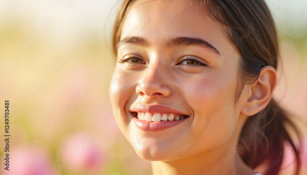 Smiling young woman in a floral field during golden hour Smiling young woman in a floral field during golden hour