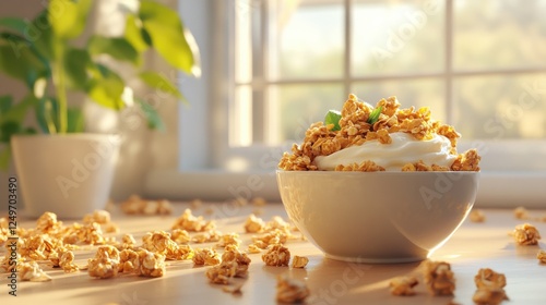 Crunchy granola clusters scattered on a table with a bowl of creamy pudding, oatmeal, food photo