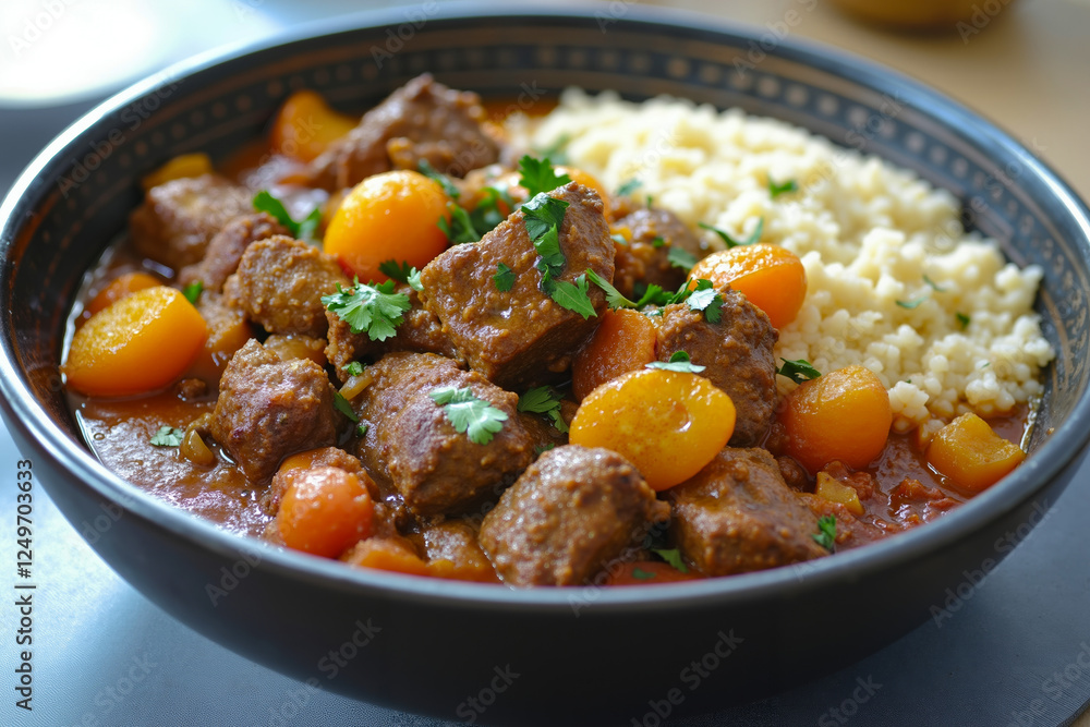 A bowl of stew with meat and vegetables and rice on a table A bowl of stew with meat and vegetables and rice on a table