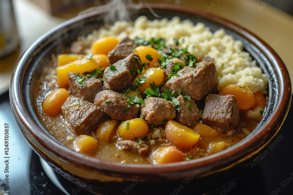A bowl of stew with meat and vegetables on a table A bowl of stew with meat and vegetables on a table