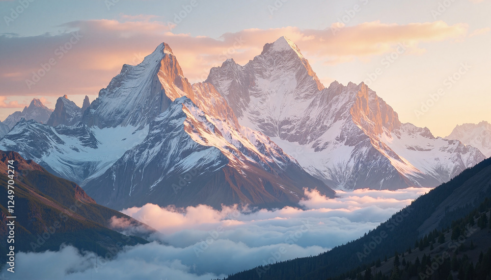 Obraz premium Majestic snow-capped mountains against a pastel sky
