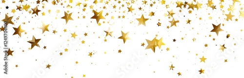 Banner with golden stars and crystals confetti on a gray background. Festive concept. Selective focus.