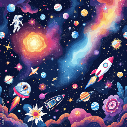 A space scene with a blue and purple nebula, a white and red rocket, a pink and white spaceship, a blue and orange planet, a yellow and orange sun, and a purple and pink flower. Vector patterns