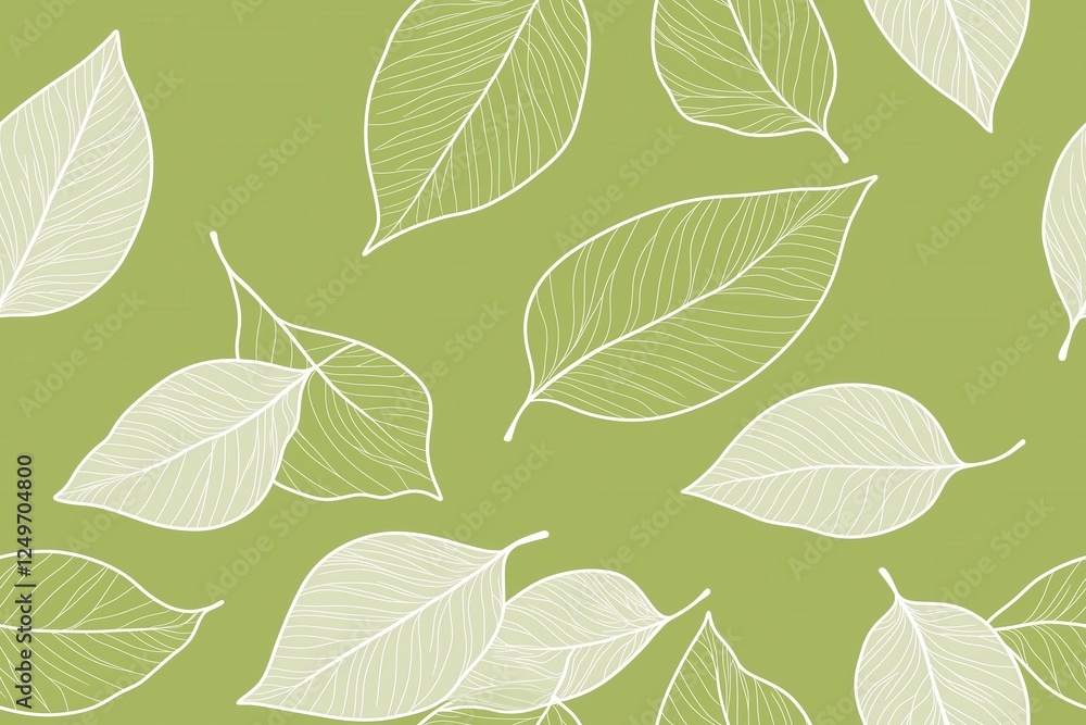 Fototapeta premium Padrão contínuo (seamless pattern) de folhas estilizadas em tons de verde com linhas delicadas em branco, criado com IA generativa.