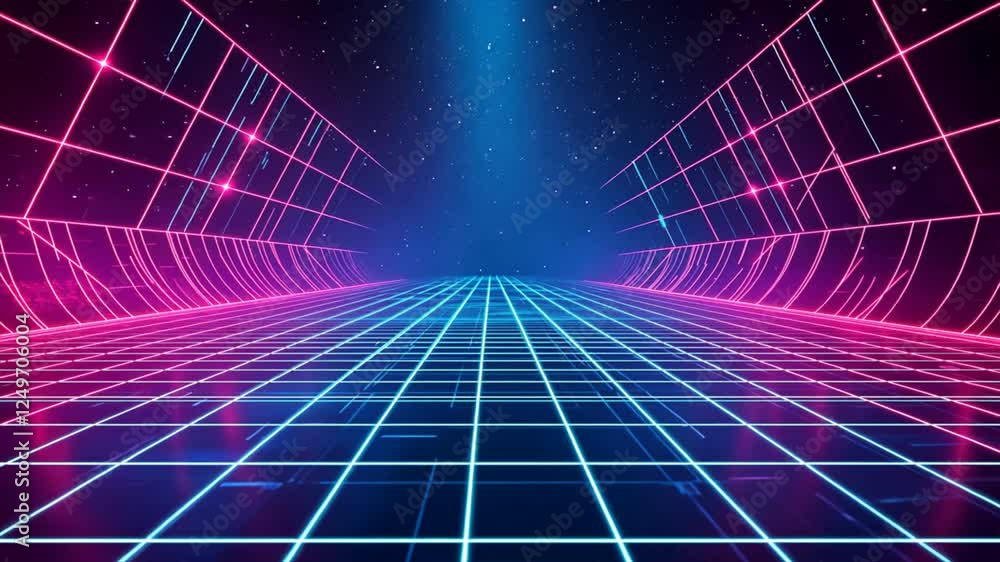Neon Grid Landscape with Light Beams and Futuristic Elements Neon Grid Landscape with Light Beams and Futuristic Elements