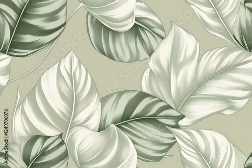 Padrão contínuo (seamless pattern) de folhas estilizadas em tons de verde com linhas delicadas em branco, criado com IA generativa.