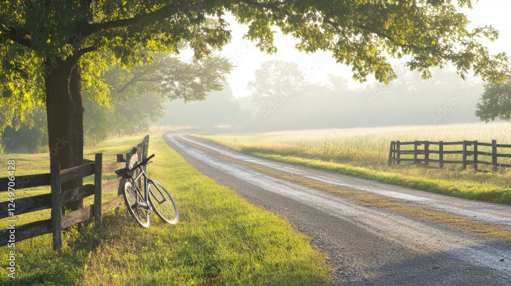 peaceful country road with bicycle resting against tree peaceful country road with bicycle resting against tree