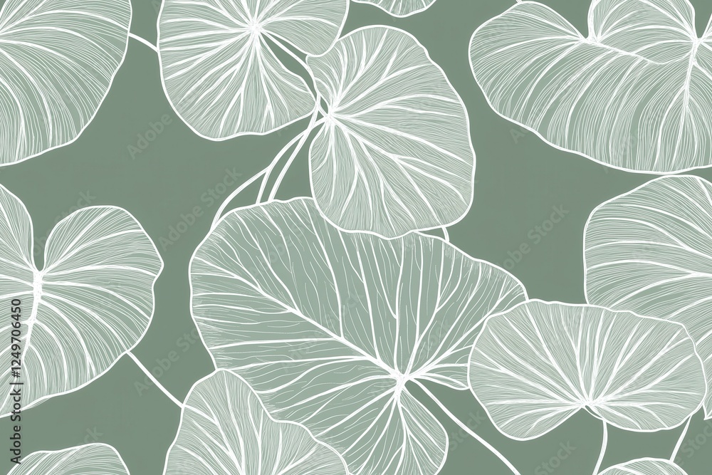 Fototapeta premium Padrão contínuo (seamless pattern) de folhas estilizadas em tons de verde com linhas delicadas em branco, criado com IA generativa.