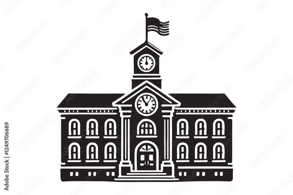 School building with clock and flag flat icon School building with clock and flag flat icon
