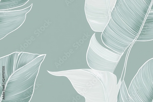 Padrão contínuo (seamless pattern) de folhas estilizadas em tons de verde com linhas delicadas em branco, criado com IA generativa.