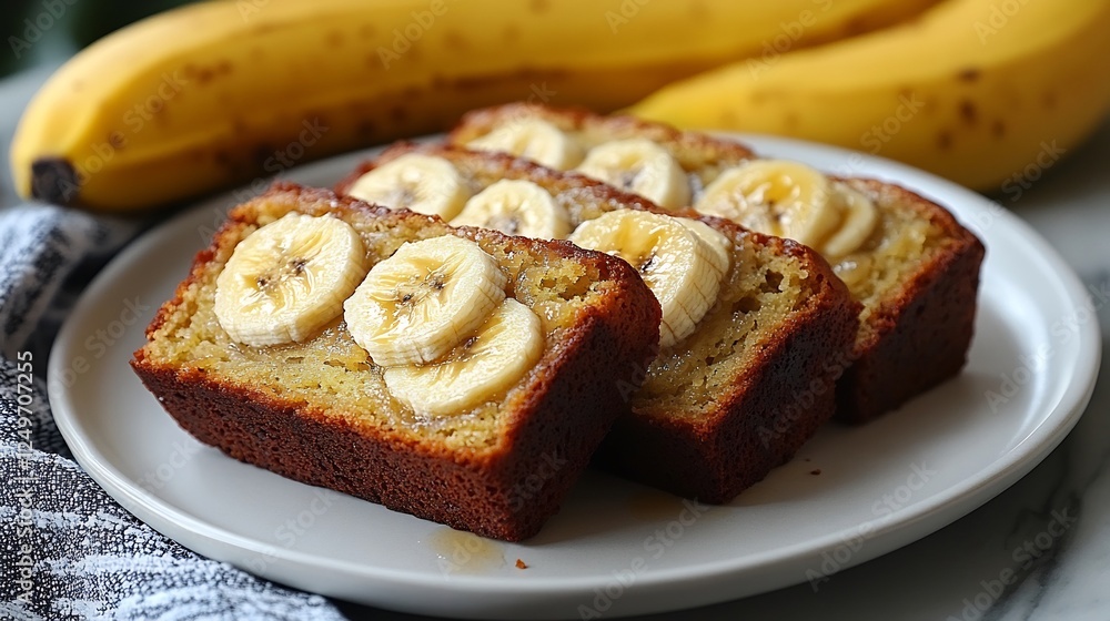 Banana bread a moist texture and slices of banana throughout served on a clean white plate a comforting and popular bakery snack Banana bread a moist texture and slices of banana throughout served on a clean white plate a comforting and popular bakery snack
