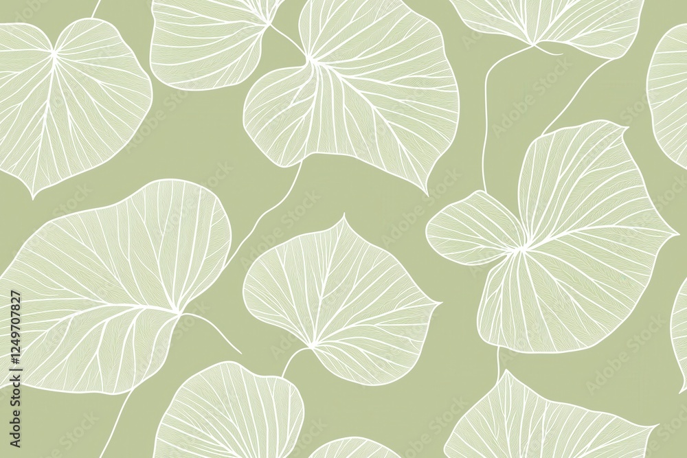 Obraz premium Padrão contínuo (seamless pattern) de folhas estilizadas em tons de verde com linhas delicadas em branco, criado com IA generativa.
