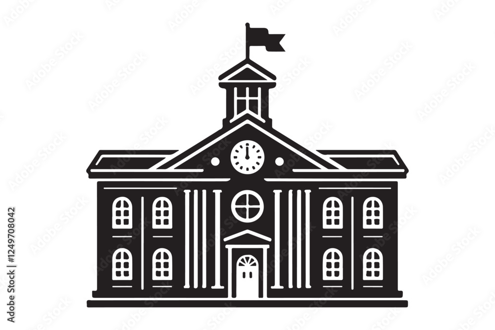 School building with clock and flag flat icon School building with clock and flag flat icon