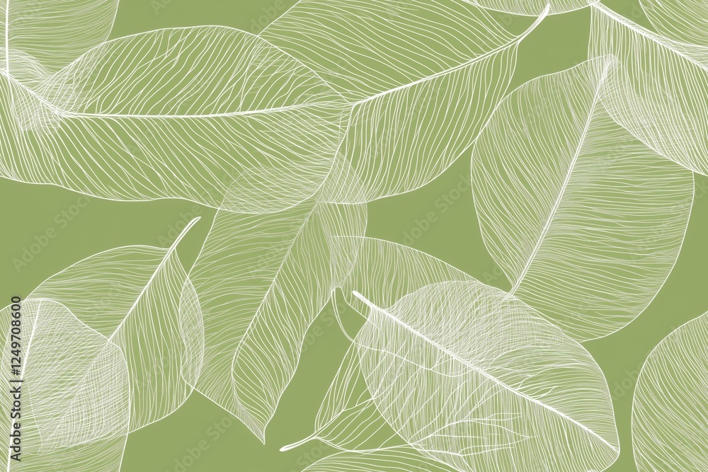 Obraz premium Padrão contínuo (seamless pattern) de folhas estilizadas em tons de verde com linhas delicadas em branco, criado com IA generativa.