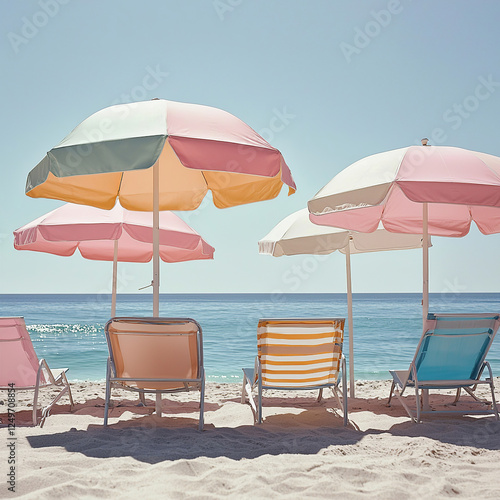beach umbrellas and chairs, bold shapes, pastel Hamptons color palette. retro vibe