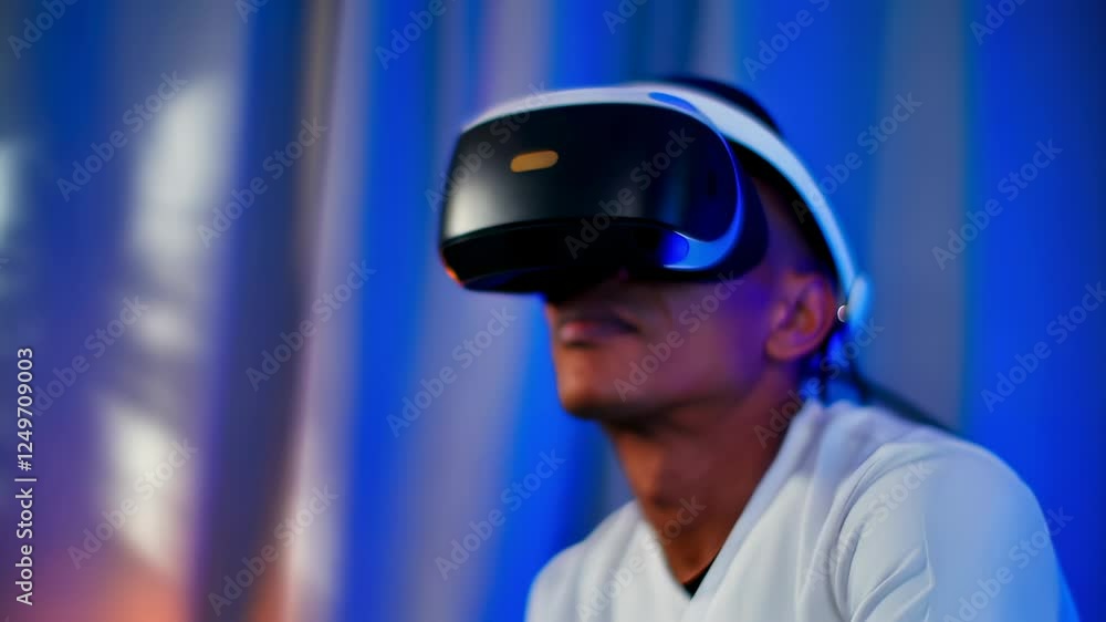 Gamer wearing virtual reality headset experiencing metaverse Gamer wearing virtual reality headset experiencing metaverse