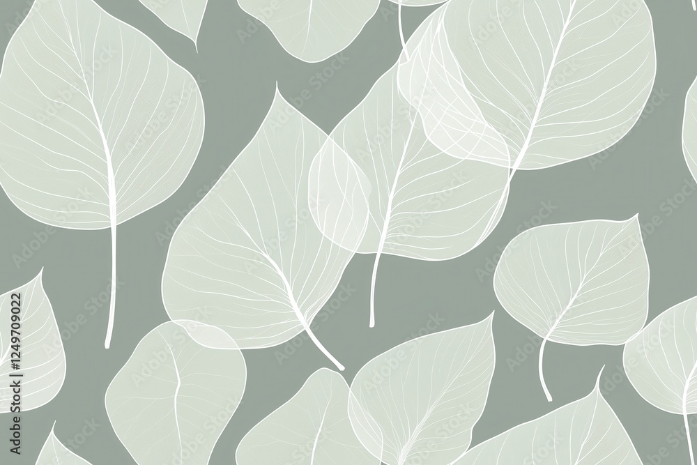 Obraz premium Padrão contínuo (seamless pattern) de folhas estilizadas em tons de verde com linhas delicadas em branco, criado com IA generativa.