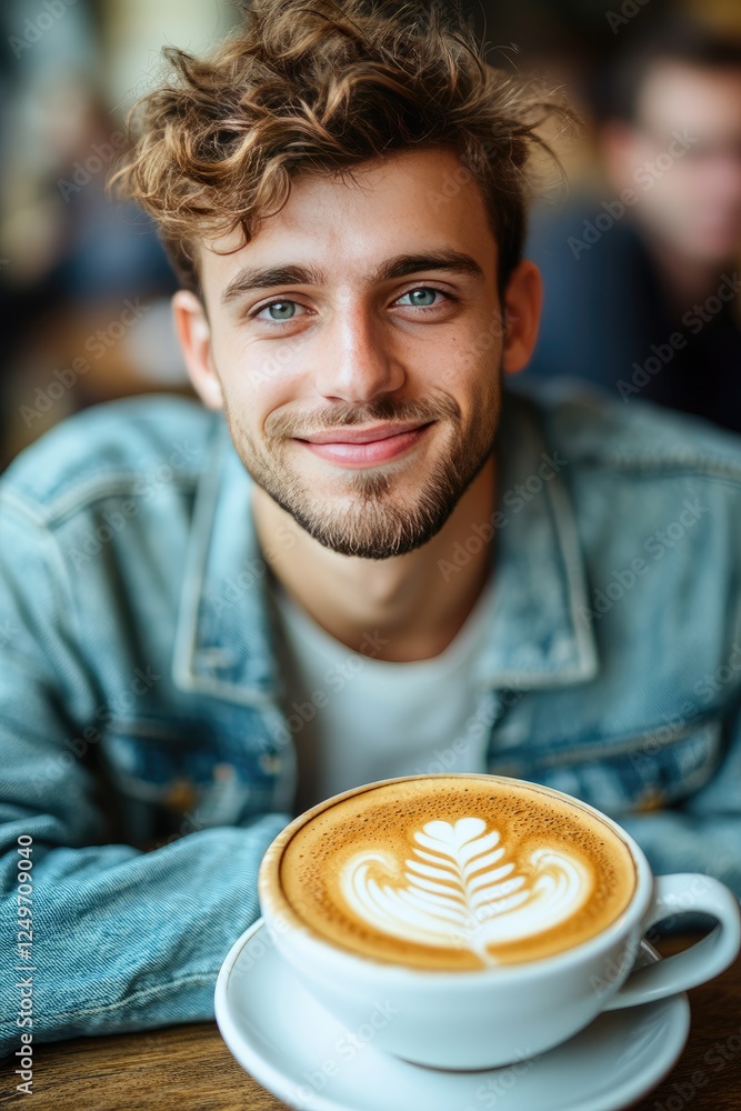 Young Man Enjoying Coffee with Intricate Latte Art in a Cozy Cafe Young Man Enjoying Coffee with Intricate Latte Art in a Cozy Cafe