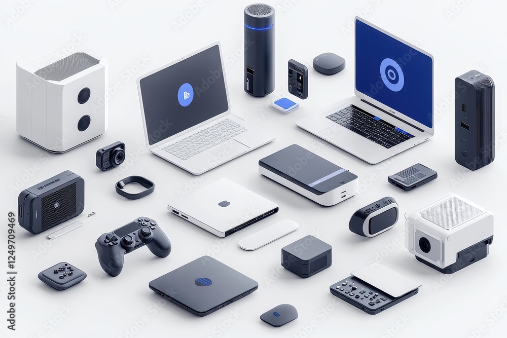 A collection of electronic devices and gadgets arranged aesthetically. A collection of electronic devices and gadgets arranged aesthetically.