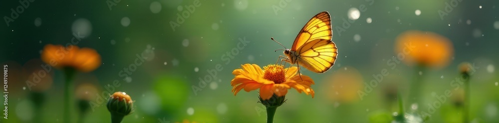 Obraz premium Delicate butterfly lands on a rain-soaked wildflower , water, woods