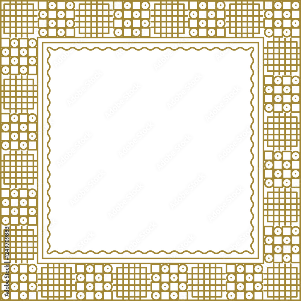 Obraz premium Square golden frame with geometric pattern and additional wavy outline. Vector illustration