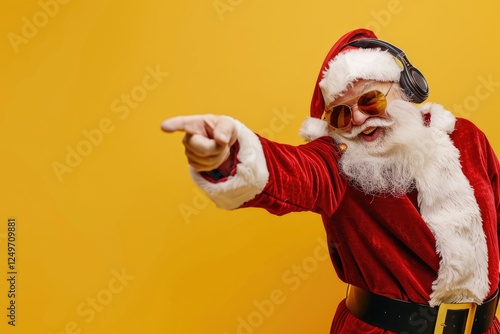 Joyful Santa Claus Listening to Music With Red Headphones Against a Vivid Yellow Background