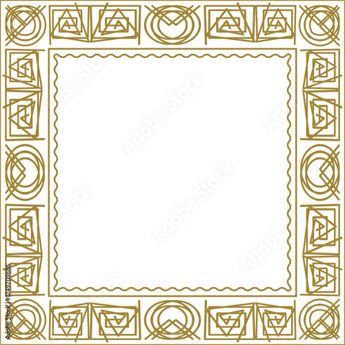 Square golden frame with geometric pattern and additional wavy outline. Version 5. Vector illustration