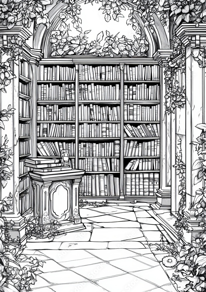 Fototapeta premium Enchanted Library Coloring Page