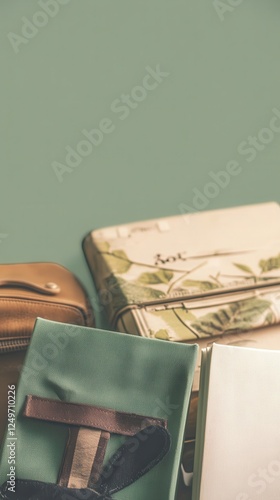 Various travel bags and accessories are neatly arranged, showcasing a blend of designs and colors, ready for an exciting holiday adventure ahead photo