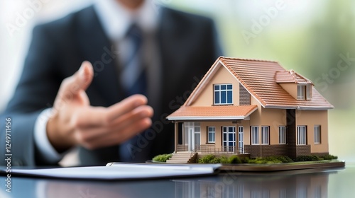 Couple standing in front of miniature house. Estate agent is a real estate agent. A listing of properties for sale with prospective details. A pair of people positioned in front of a small lifestyle. photo