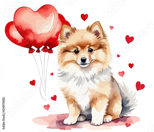 Hand drawn watercolor painting of a cute pomeranian breed dog valentine with a red heart shaped balloons on white background. Vector illustration perfect for Valentine's Day design