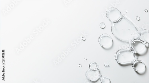 Liquid Droplets Abstract:  Clean, transparent water droplets coalesce on a surface, creating an abstract design with varying sizes and shapes.