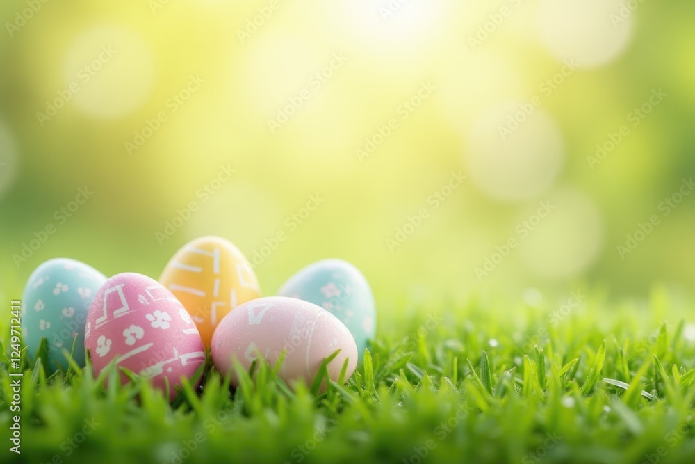 set of pastel Colorful Easter eggs with a pattern on green grass in the rays of the sun set of pastel Colorful Easter eggs with a pattern on green grass in the rays of the sun