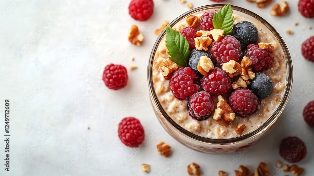 Breakfast overnight oats almond milk layered with mixed berries and topped with crushed nuts served in a glass jar isolated on a white surface clean and modern idea Breakfast overnight oats almond milk layered with mixed berries and topped with crushed nuts served in a glass jar isolated on a white surface clean and modern idea
