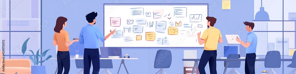 Team of young entrepreneurs brainstorming over ideas written on whiteboard clean office design Team of young entrepreneurs brainstorming over ideas written on whiteboard clean office design