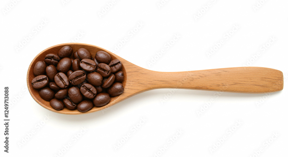 Obraz premium Coffee Bean Spoon: A wooden spoon overflows with roasted coffee beans, their rich, dark brown hue and enticing aroma beckoning a cup of delicious coffee. 