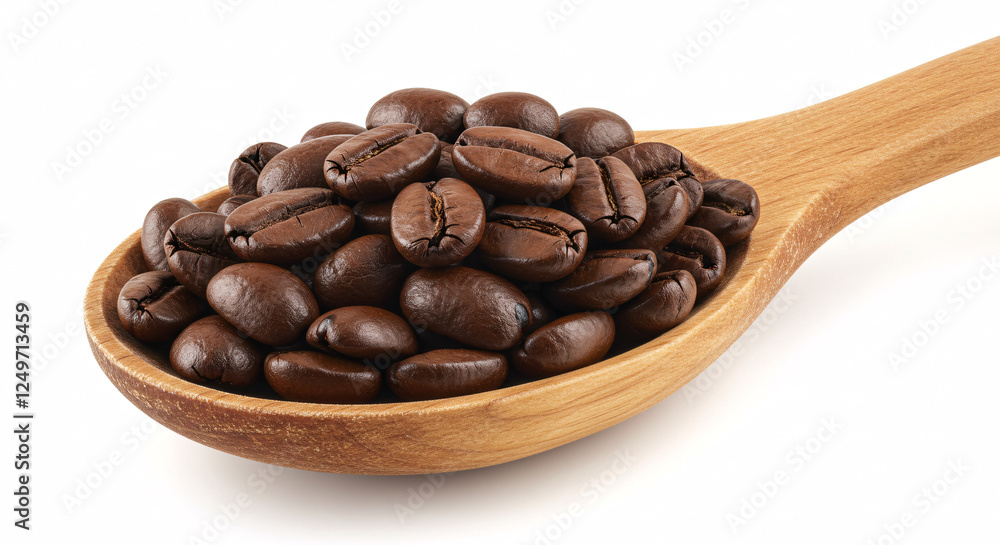 Fototapeta premium Coffee Beans in Wooden Spoon: A close-up shot of freshly roasted coffee beans nestled in a rustic wooden spoon, highlighting their rich, dark brown color and inviting aroma.