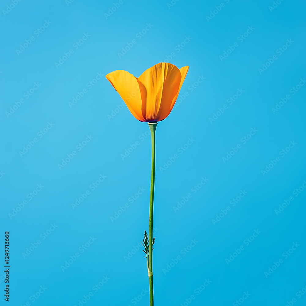 Fototapeta premium Golden bloom, long stem, set against a serene backdrop of clear blue.