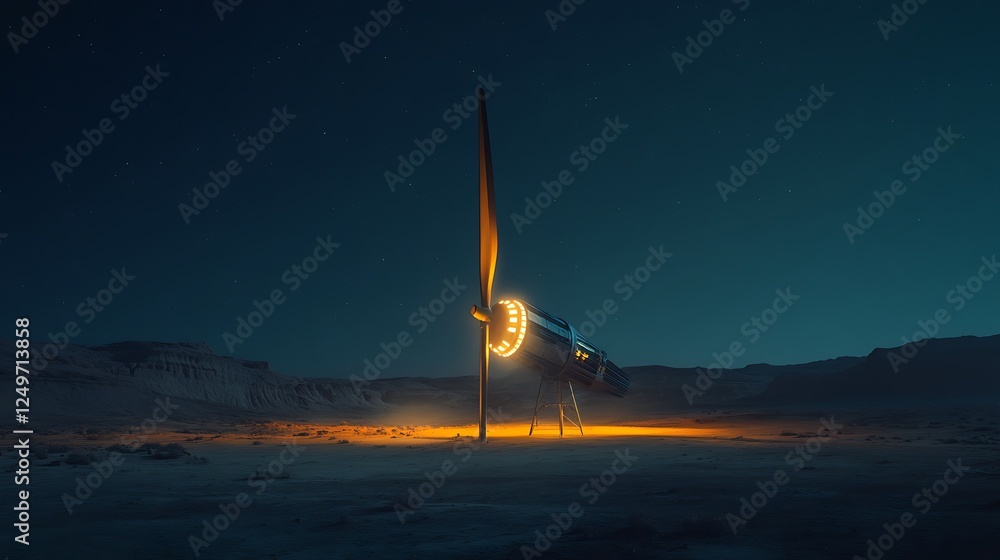 Fototapeta premium Futuristic spaceship landed on a desolate alien planet at night, illuminated by its own lights.