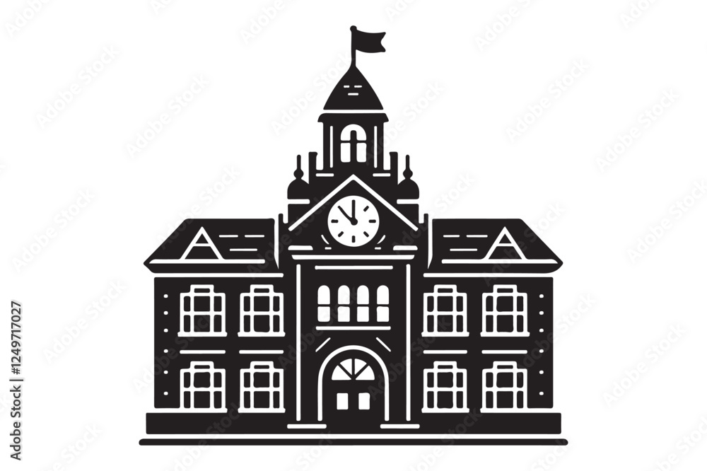 Fototapeta premium School building with clock and flag flat icon