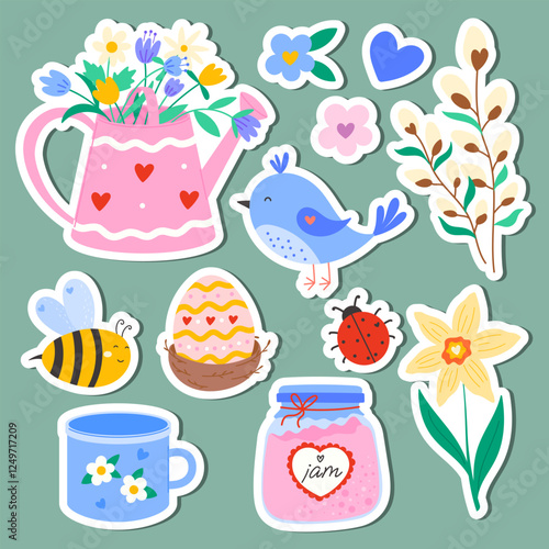 Cute spring stickers set with flowers, bird, bee, easter egg, willow, daffodil, heart. Vector illustration for kids sticker kit, scrapbooking, greeting card, poster, tag