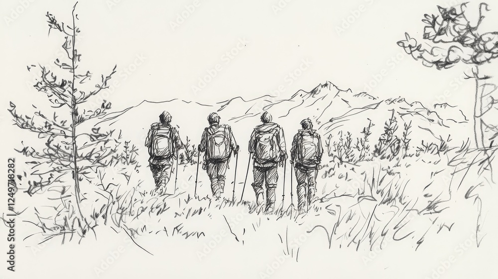 Obraz premium Four people are walking in the woods